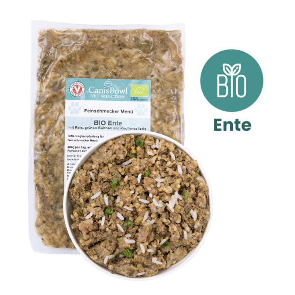 CanisBowl BIO-FEINSCHMECKER MENÜ Ente mit Reis, grünen Bohnen und Knollensellerie 400 g