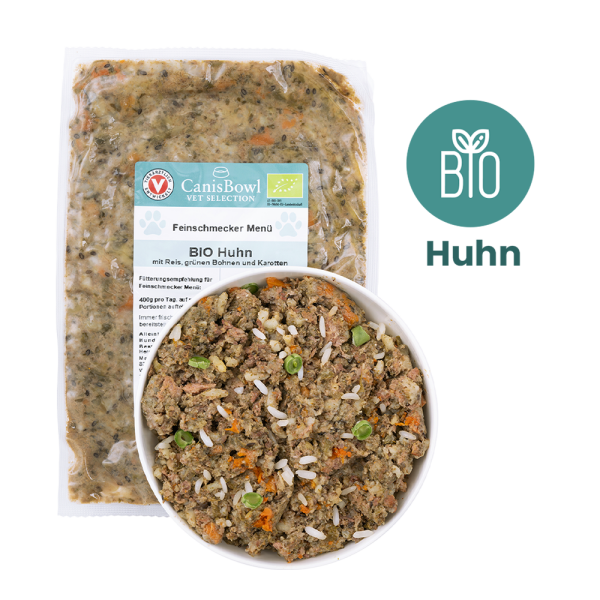 CanisBowl BIO-FEINSCHMECKER MENÜ Huhn mit Reis, grünen Bohnen und Karotten 400 g