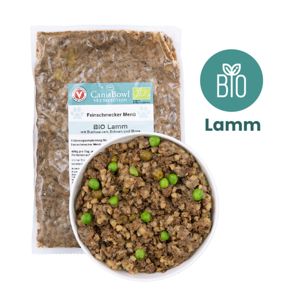 CanisBowl BIO-FEINSCHMECKER MENÜ Lamm mit Buchweizen, Erbsen und Birne 400 g